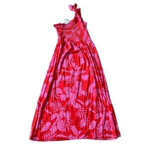 Soprano Tropical One-Shoulder Smocked Maxi Dress - Pink & Red - Large